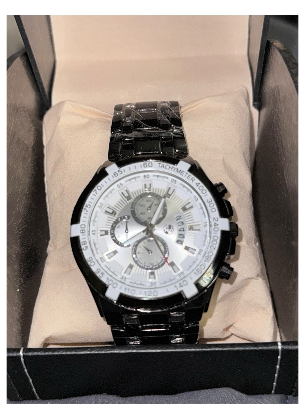 AJ Black Stainless Chronograph Watch with White Dial